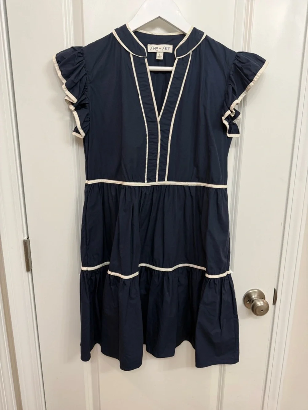 She + Sky Navy Ruffle-Trim Mini Dress - Picture 1 of 2